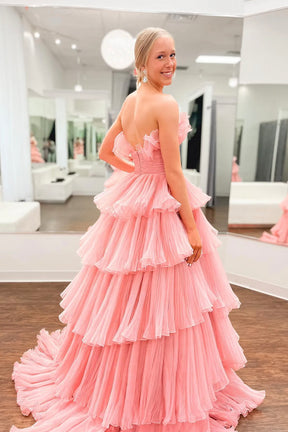 Pink Strapless Princess Tulle Layers Ruffles Long Prom Dress, Pink Formal Evening Dress