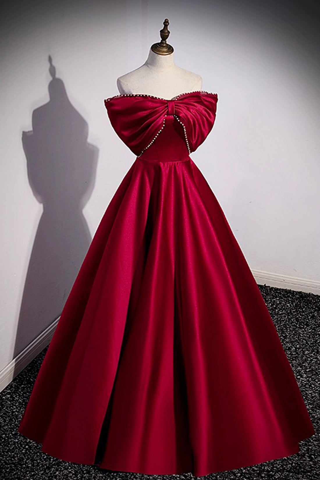 Burgundy Satin Floor Length Prom Dress, A-Line Off the Shoulder Evening Party Dress
