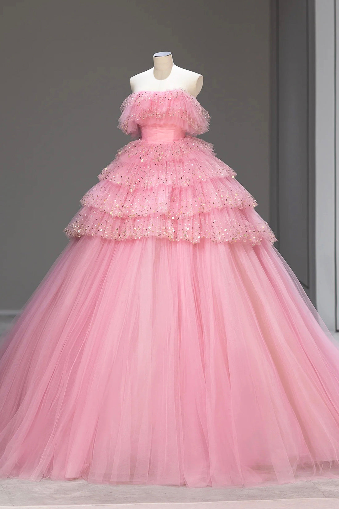 Ball Gown Pink Tulle Sequins Long Prom Evening Dress, Beautiful Pink Strapless Sweet 16 Dress