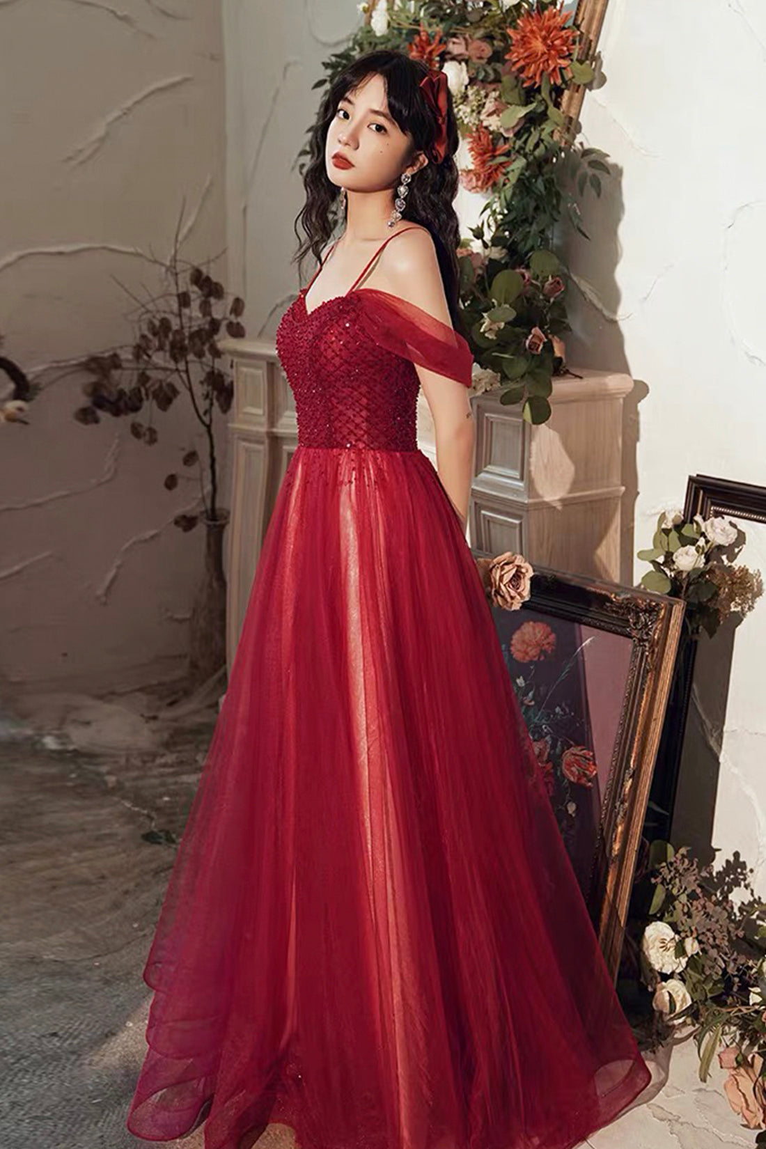 Burgundy Tulle Beaded Long Prom Dress, Beautiful Spaghetti Strap Evening Party Dress