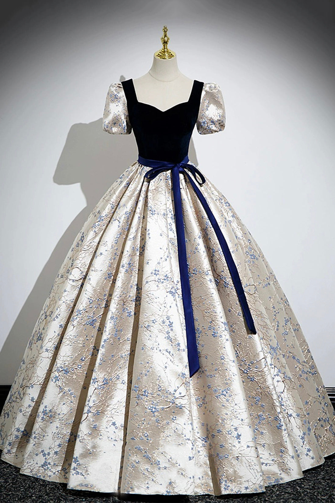 Blue Velvet Floor-Length Printing Prom Dresses, A-Line Short Sleeve Evening Formal Dresses