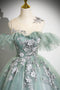 A Line Scoop 3D Flowers Long Sleeve Golden Rhinestone Tulle Prom Dresses LBQ3528 main image 1
