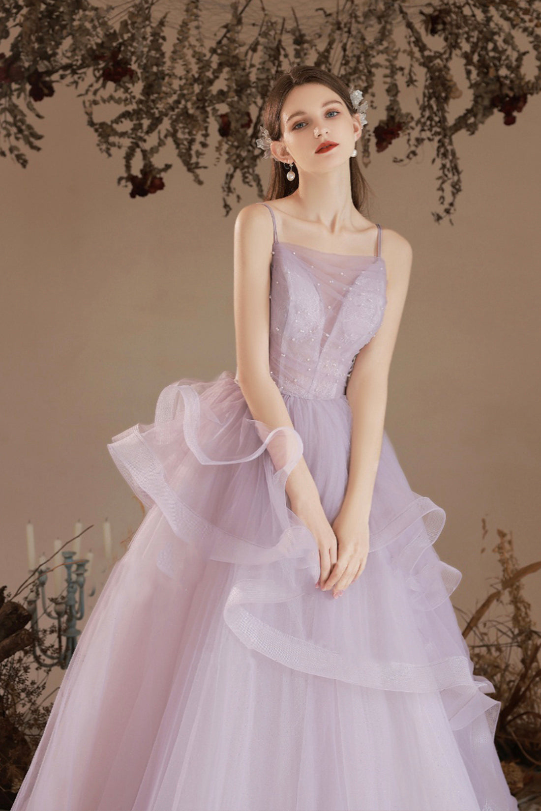 Light Purple Tulle Spaghetti Straps Floor Length Party Dress, Light Purple Evening Prom Dress