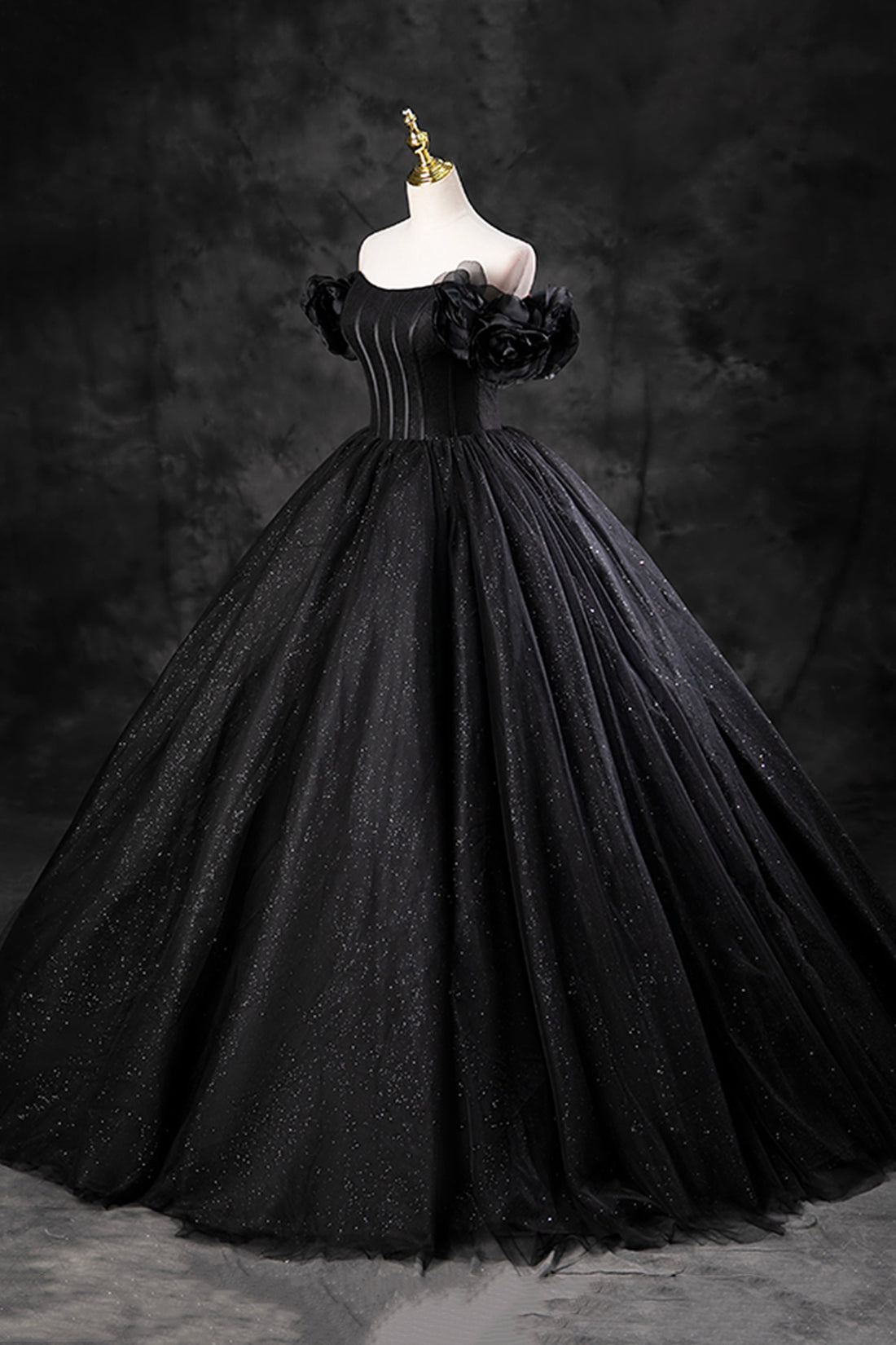 Black Tulle Floor Length A-Line Prom Dress, Off the Shoulder Evening Party Dress