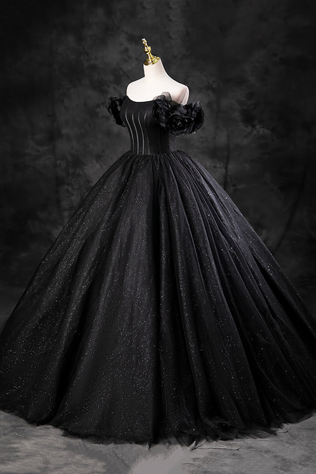 black floor length formal dress Black Tulle Floor Length A-Line Prom Dress, Off the Shoulder Evening P