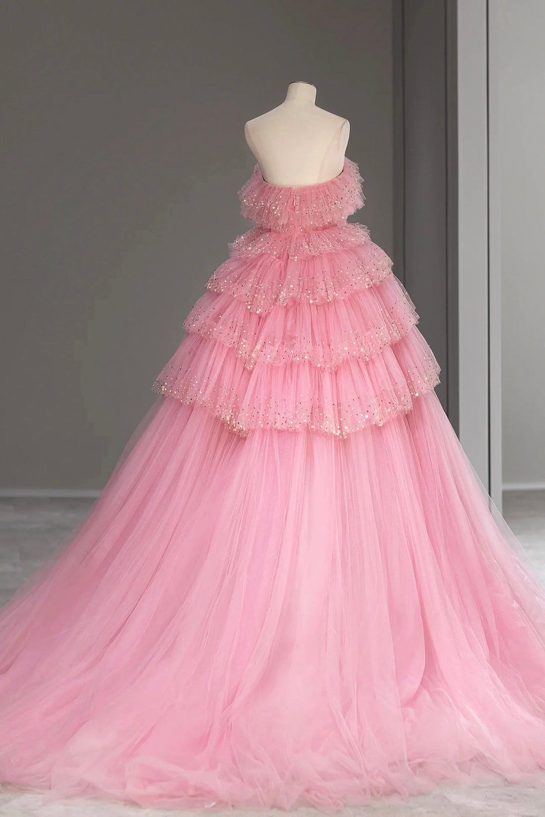 Ball Gown Pink Tulle Sequins Long Prom Evening Dress, Beautiful Pink Strapless Sweet 16 Dress