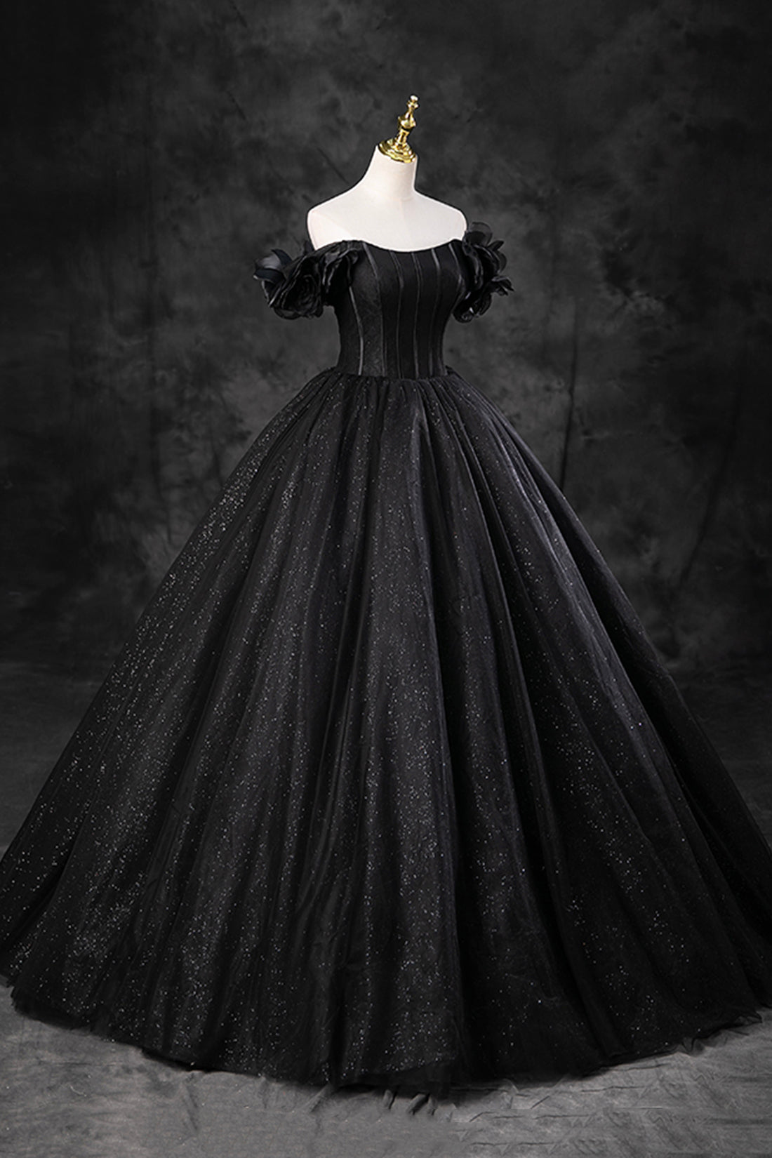 Black Tulle Floor Length A-Line Prom Dress, Off the Shoulder Evening P Black Tulle Floor Length A-Line Prom Dress, Off the Shoulder Evening P