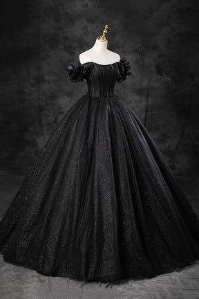 Black Tulle Floor Length A-Line Prom Dress, Off the Shoulder Evening Party Dress
