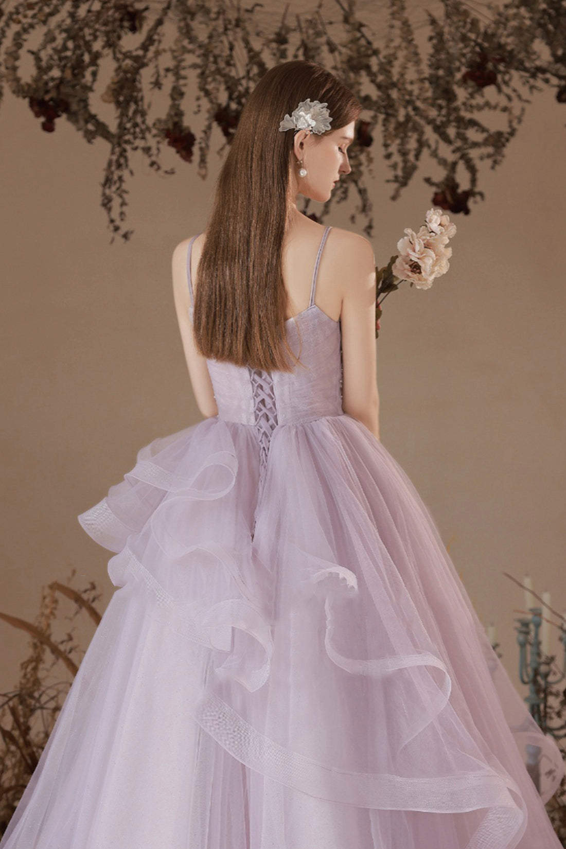 Light Purple Tulle Spaghetti Straps Floor Length Party Dress, Light Purple Evening Prom Dress