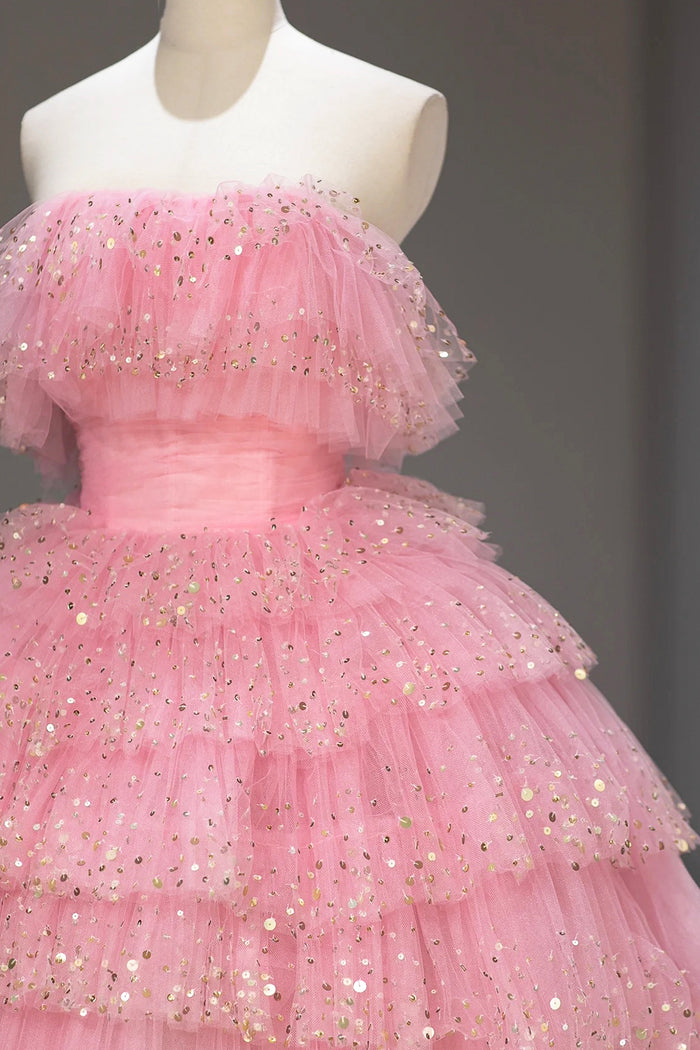 Sequins Beaded Open Back Pink Tulle Ball Gowns Prom Dress LBQ1904