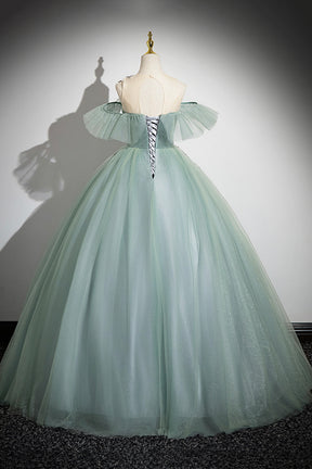 Cute Scoop Neckline Tulle Long Prom Dress with Lace, A-Line Off the Shoulder Evening Party Dress