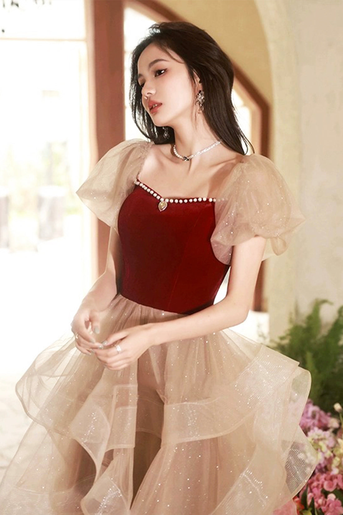 Cute Velvet Tulle Short Prom Dress, Beautiful Party Dress Homecoming Dress