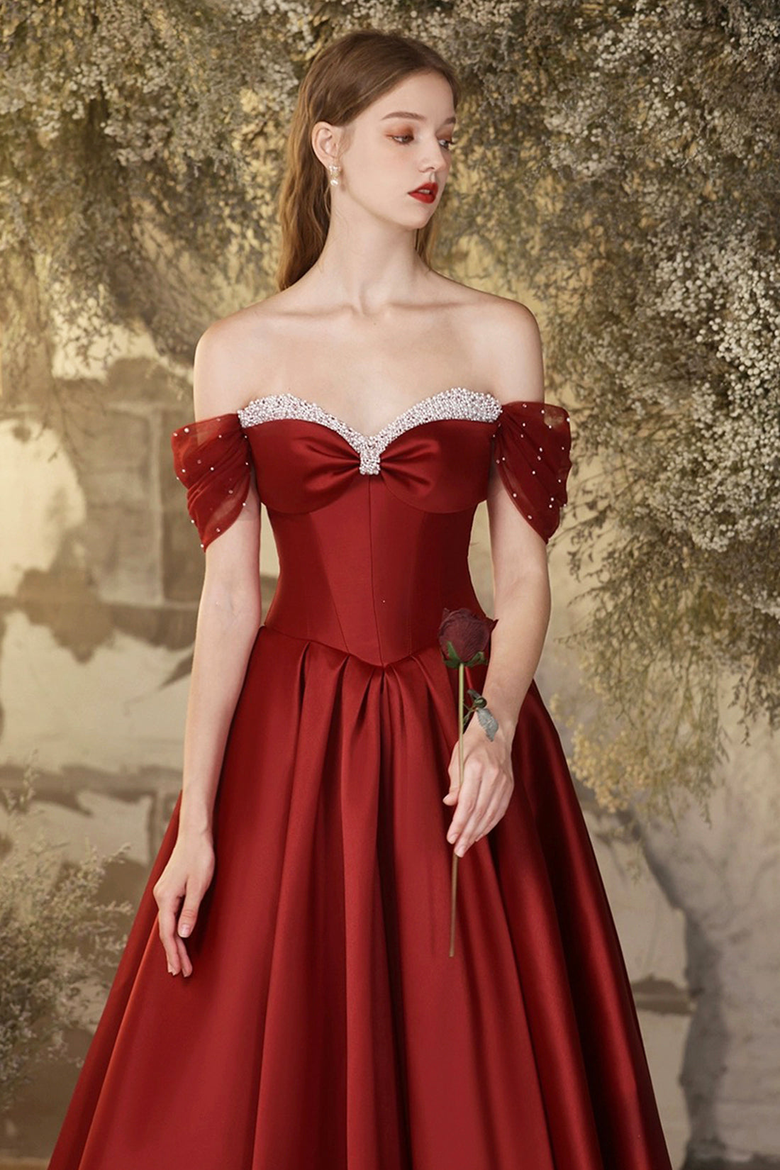 Burgundy Satin Long Prom Dress, Beautiful Off the Shoulder A-Line Formal Evening Dress