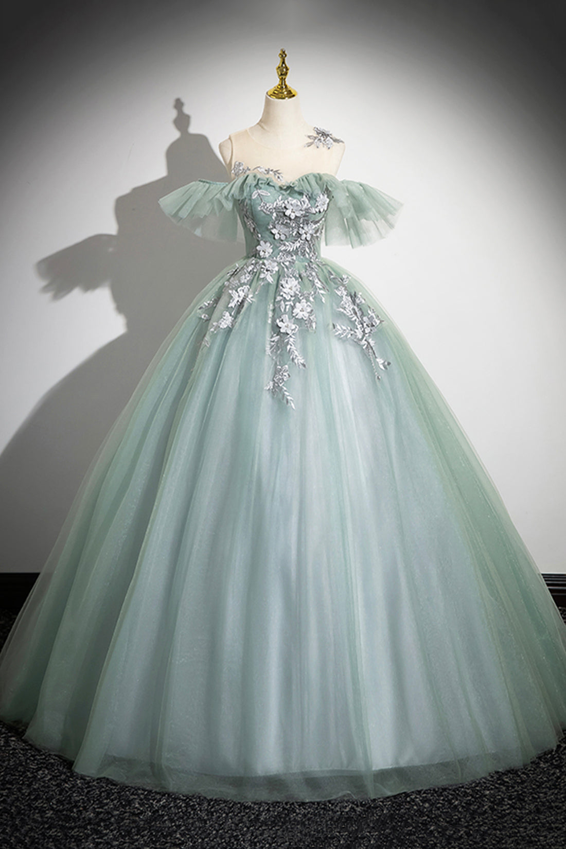 Cute Scoop Neckline Tulle Long Prom Dress with Lace, A-Line Off the Sh