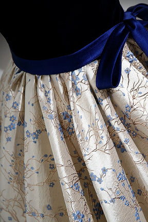 Blue Velvet Floor-Length Printing Prom Dresses, A-Line Short Sleeve Evening Formal Dresses