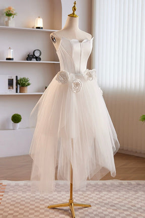Unique White Strapless Irregular Tulle Short Prom Dress, White Party Dress