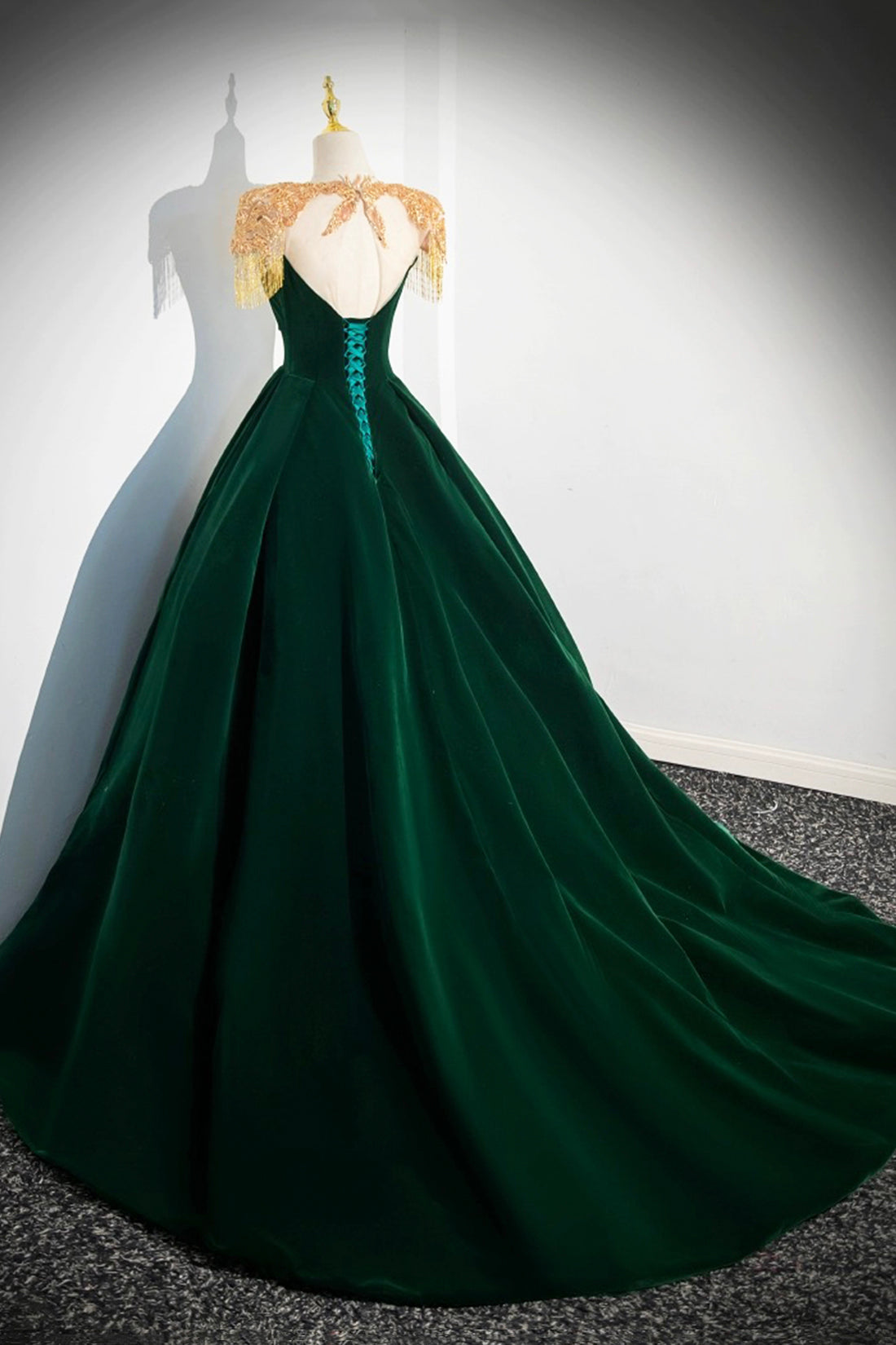 Green Velvet Beaded Long Prom Dress, A-line Beautiful Evening Party Dress