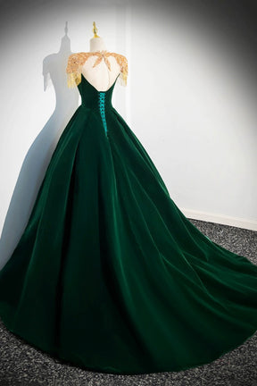 Green Velvet Beaded Long Prom Dress, A-line Beautiful Evening Party Dr Green Velvet Beaded Long Prom Dress, A-line Beautiful Evening Party Dr