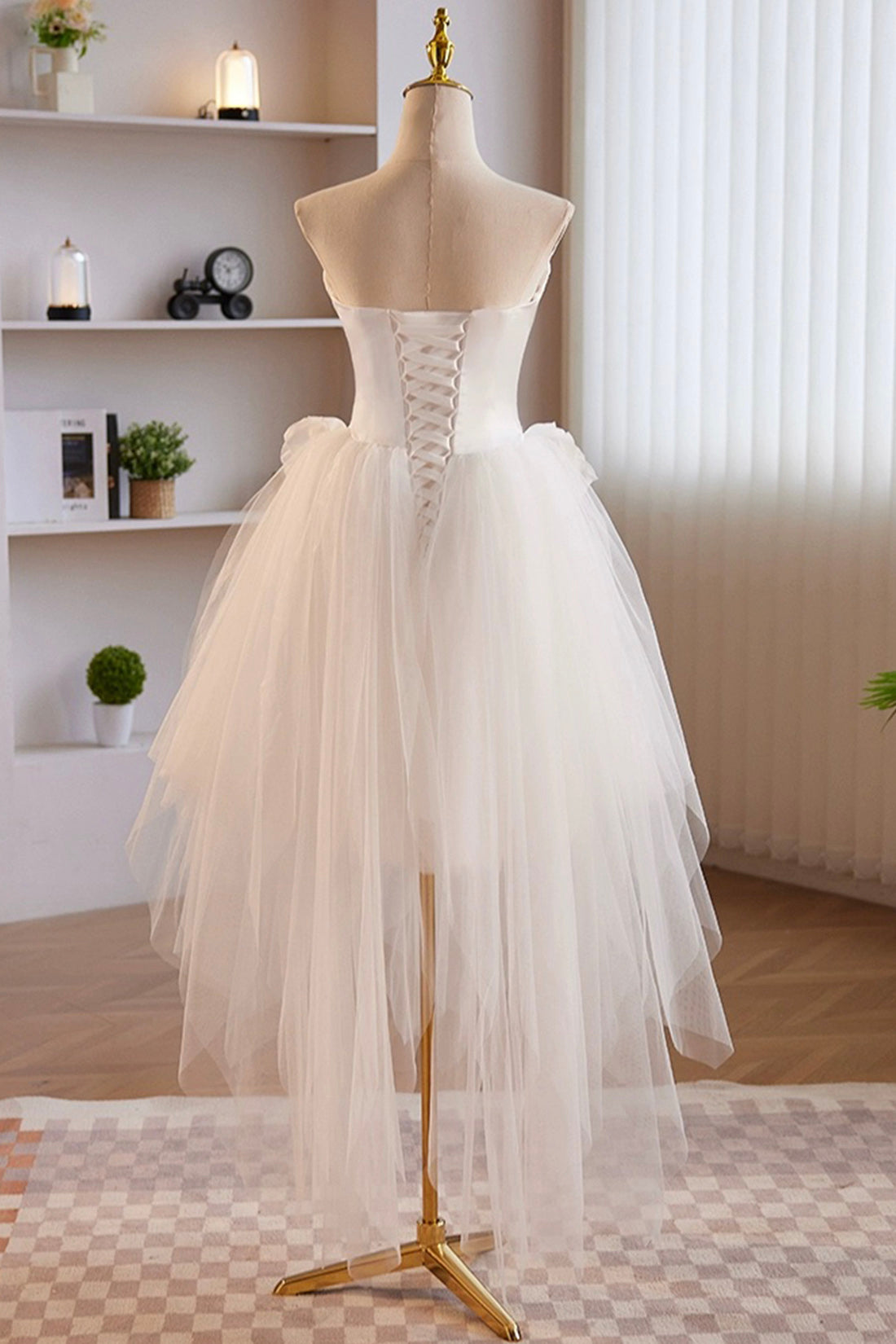 Unique White Strapless Irregular Tulle Short Prom Dress, White Party Dress