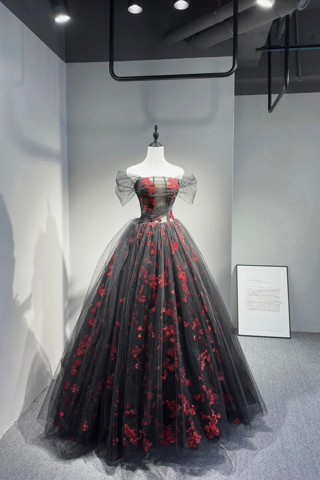 Black Tulle and Red Sequins Long Prom Dress, Off the Shoulder Evening Black Tulle and Red Sequins Long Prom Dress, Off the Shoulder Evening