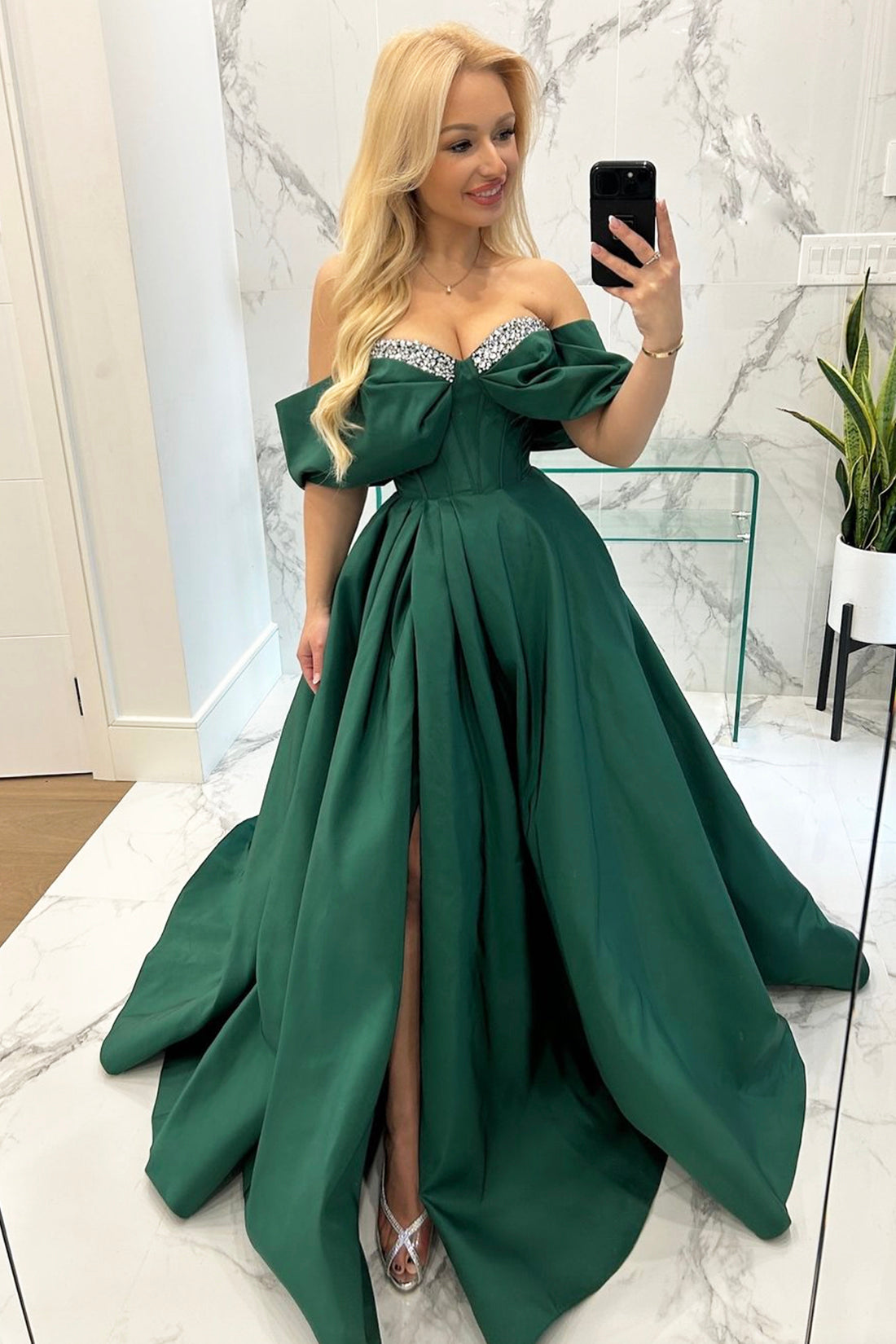 Green Satin Beaded Long Off the Shoulder Prom Dress, A-Line Evening Dress with Slit
