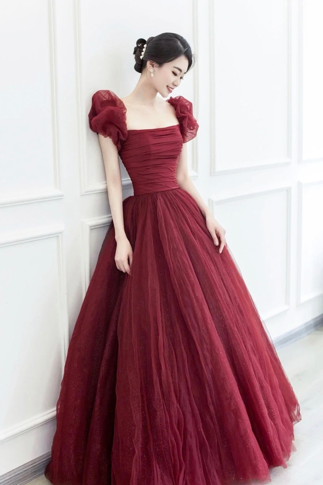 Burgundy Tulle Long A-Line Prom Dress, Beautiful Evening Graduation Dr Burgundy Tulle Long A-Line Prom Dress, Beautiful Evening Graduation Dr