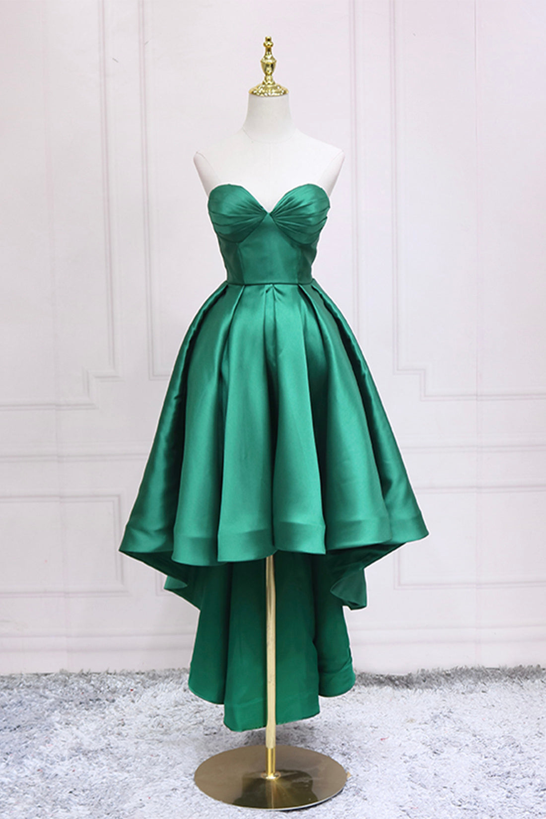 Green Satin High Low Prom Dress, Cute Sweetheart Neck Evening Party Dress