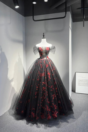 Black Tulle and Red Sequins Long Prom Dress, Off the Shoulder Evening Black Tulle and Red Sequins Long Prom Dress, Off the Shoulder Evening