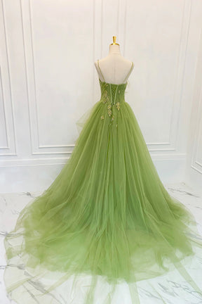 Green Spaghetti Strap Tulle Long Prom Dress, Beautiful A-Line Evening Dress