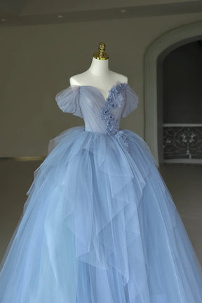 Blue Tulle Floor Length Prom Dress, Off the Shoulder Evening Dress with 3D Flowers