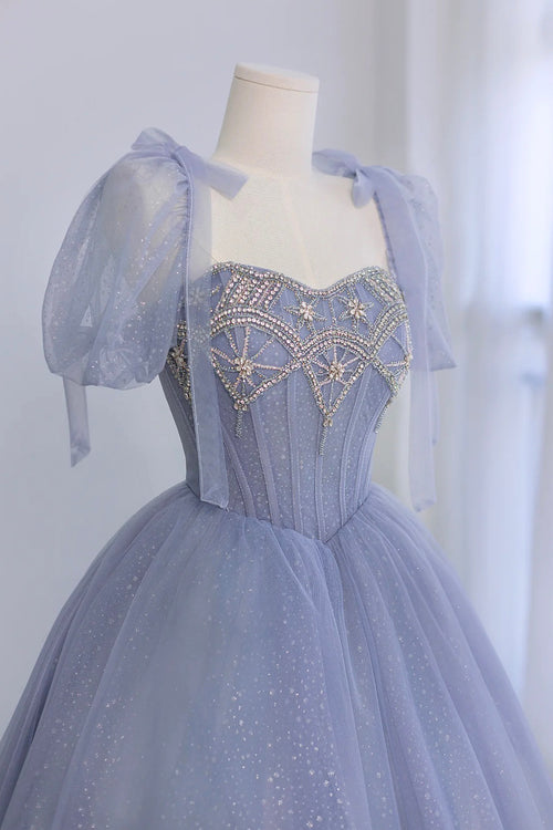 Beaira Beautiful Blue Layers Tulle Long Prom Dresses A-Line Strapless Evening Dresses main image 0
