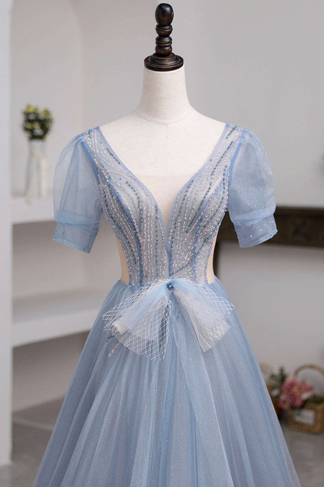 Blue Short Sleeve Tulle Floor Length Prom Dress with Beaded, Blue A-Line Evening Dress