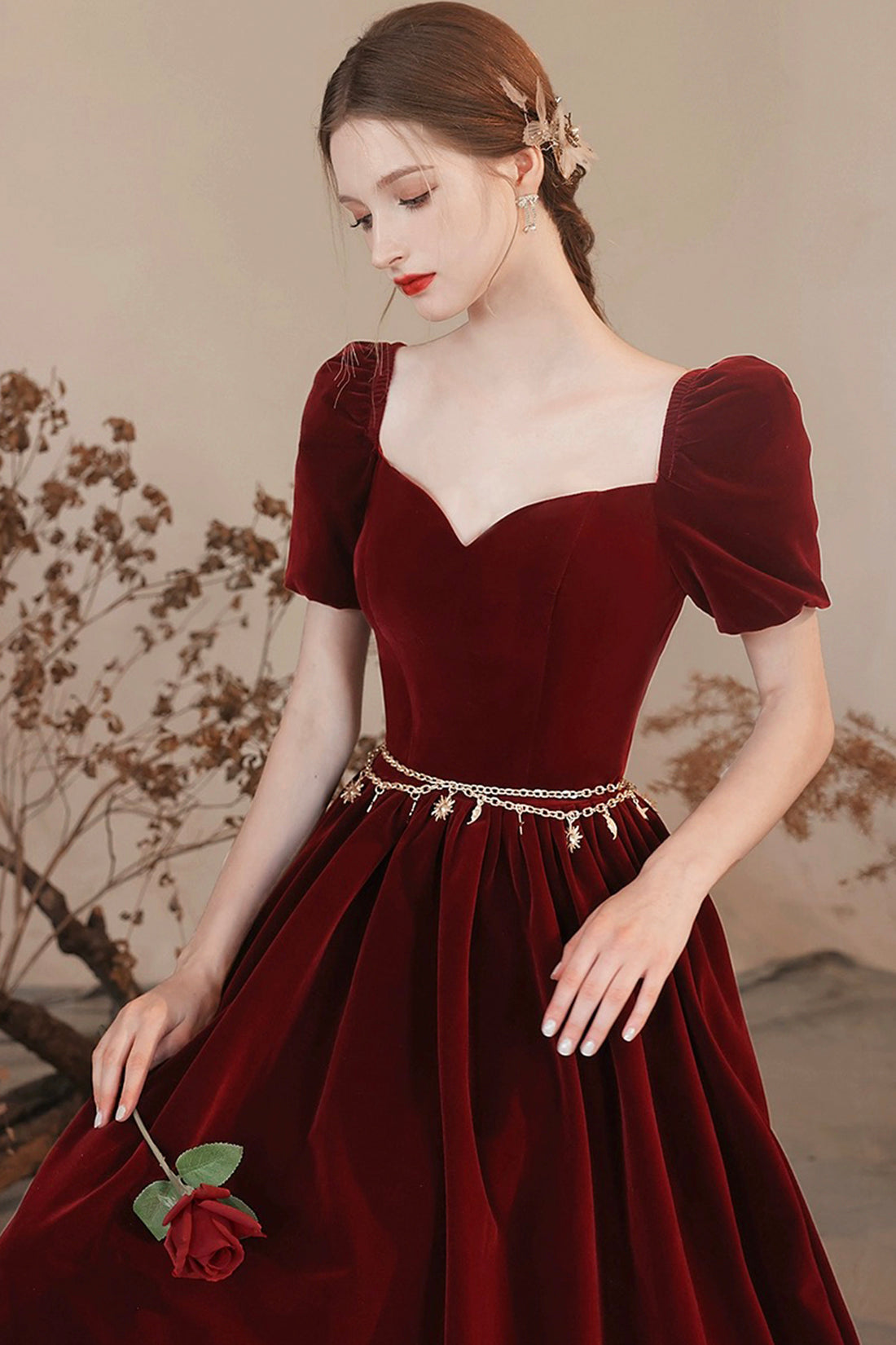 Burgundy Velvet Floor Length Prom Dress, Lovely A-Line Evening Party D Burgundy Velvet Floor Length Prom Dress, Lovely A-Line Evening Party D