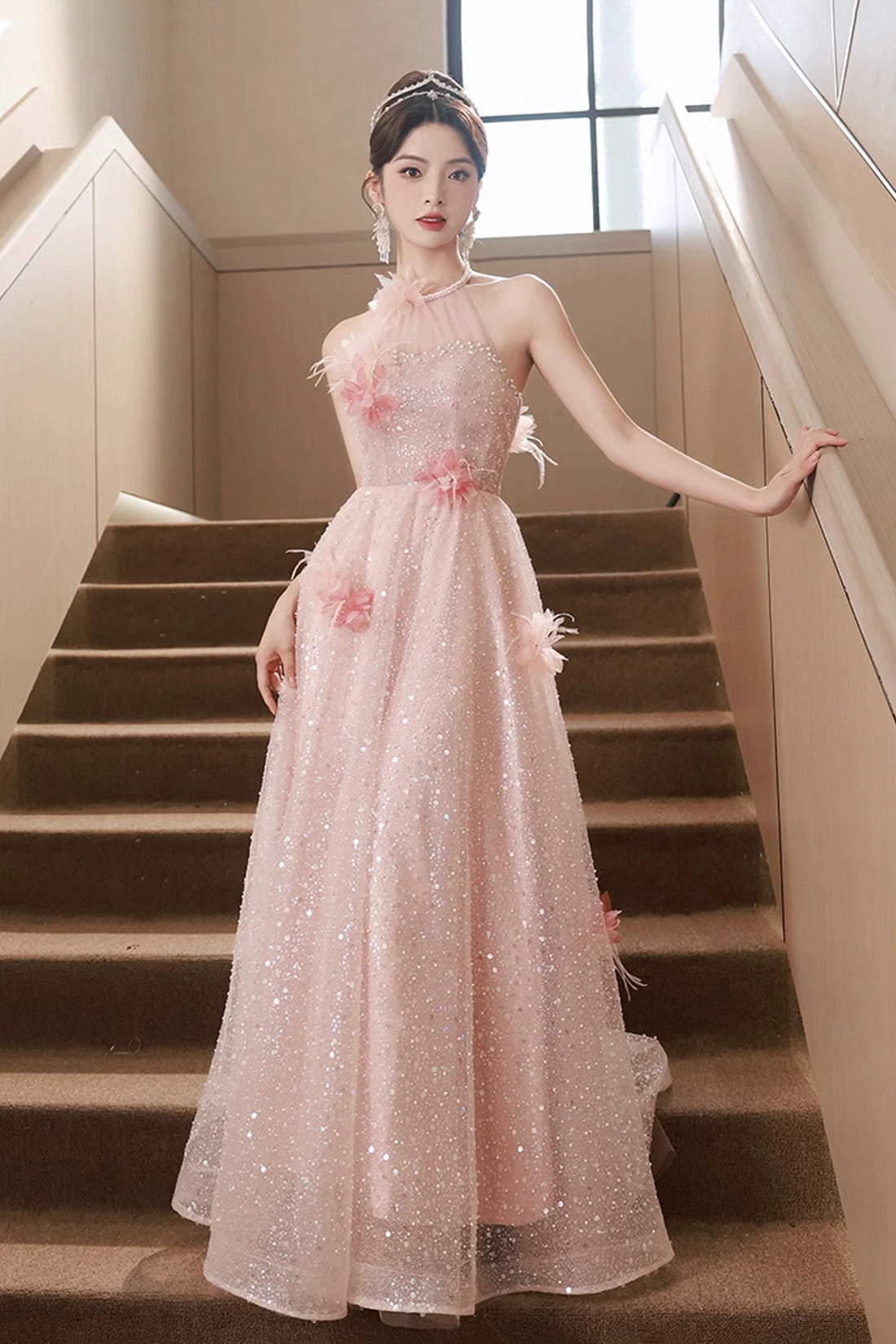 Pink Tulle Sequins Long Prom Dresses, Pink Off Shoulder Evening Dresses