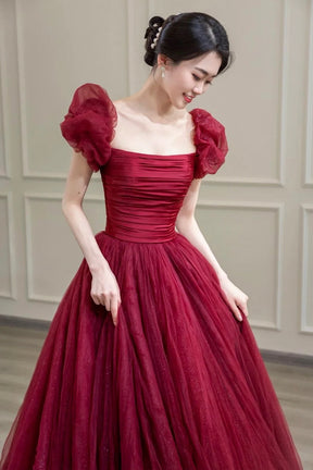 Burgundy Tulle Long A-Line Prom Dress, Beautiful Evening Graduation Dress
