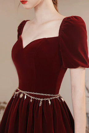 Burgundy Velvet Floor Length Prom Dress, Lovely A-Line Evening Party Dress