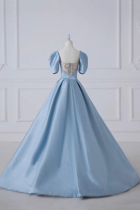 Blue Satin Long A-Line Prom Dress, Beautiful A-Line Short Sleeve Evening Dress
