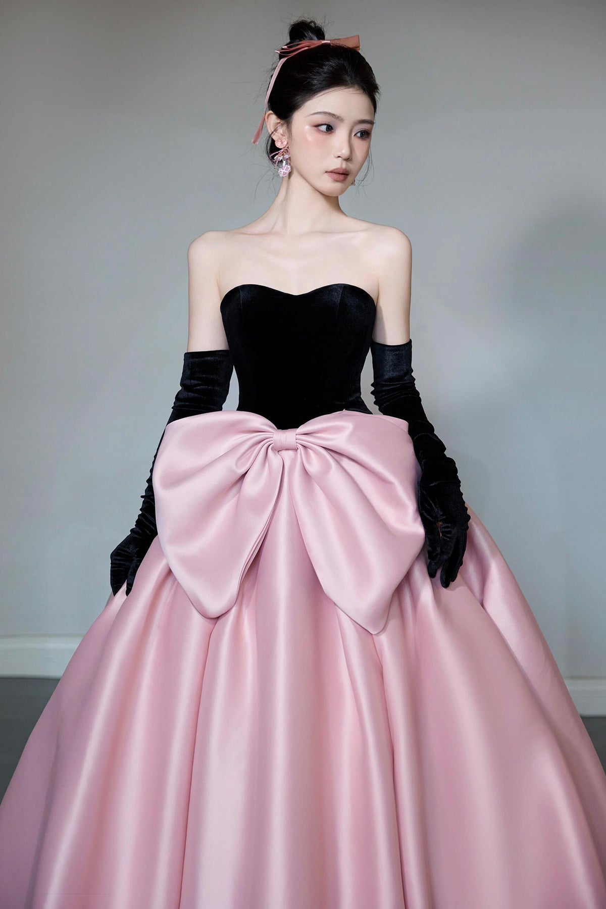 Black Velvet and Pink Satin Long Prom Dress, Beautiful A-Line Straples
