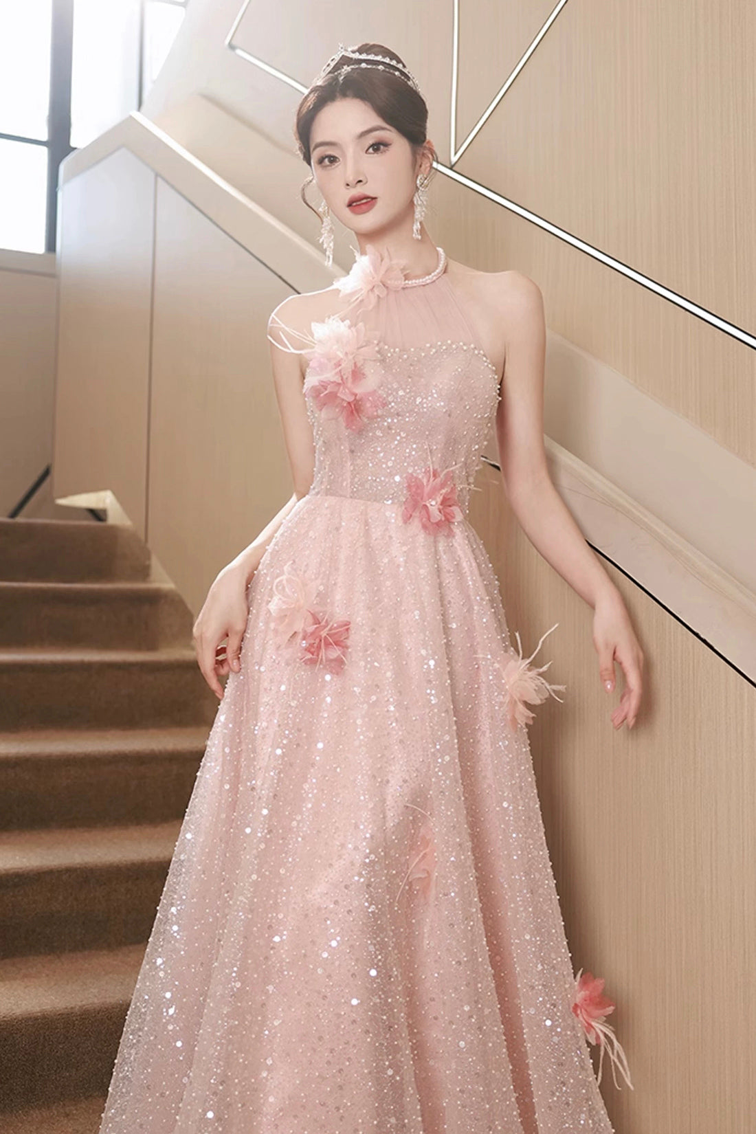 Pink Tulle Sequins Long Prom Dresses, Pink Off Shoulder Evening Dresses