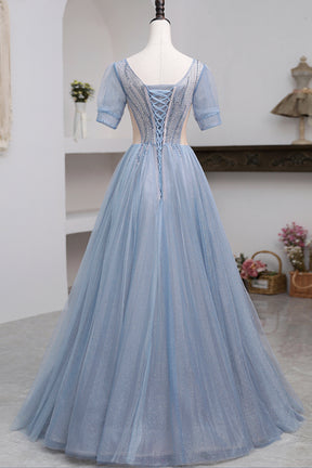 Blue Short Sleeve Tulle Floor Length Prom Dress with Beaded, Blue A-Line Evening Dress
