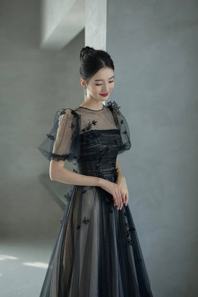 Black Tulle Sequins Long Prom Dress, Lovely A-Line Evening Party Dress