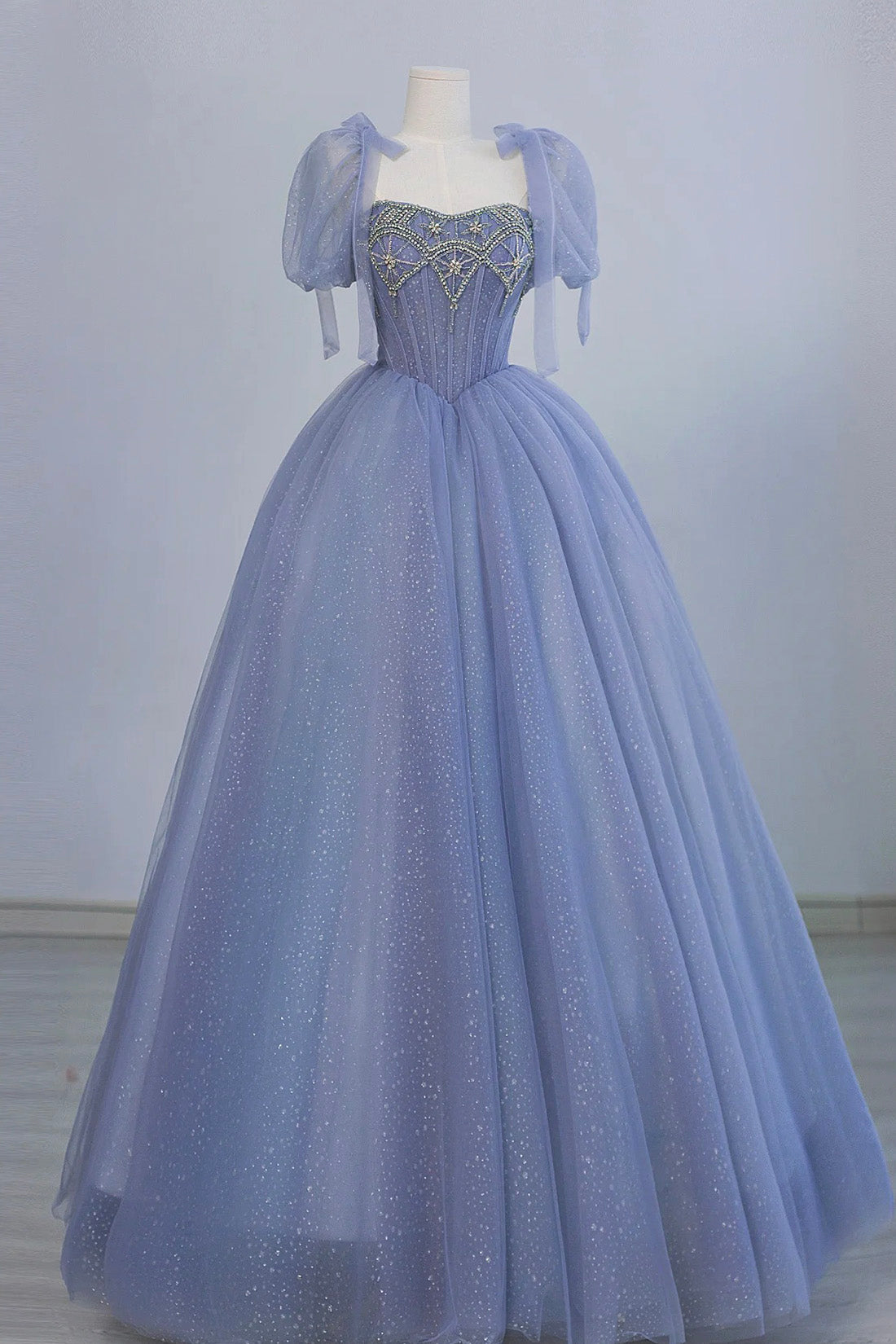 Blue Tulle Beaded Long Prom Dress, Beautiful A-line Blue Evening Party Dress