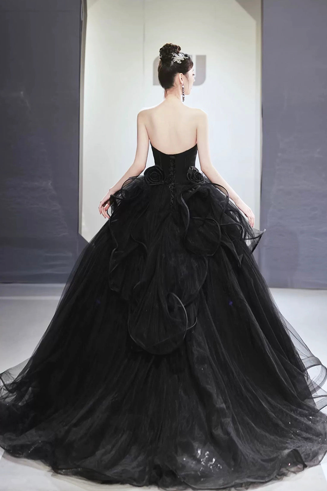 Black Tulle Beaded Long Ball Gown, A-Line Strapless Evening Formal Gown