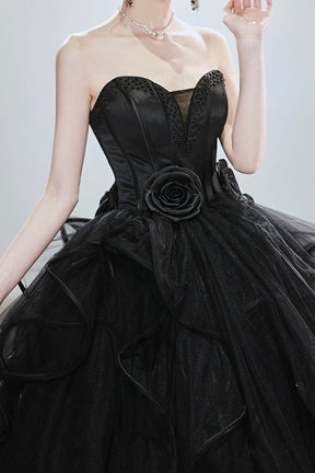 Black Tulle Beaded Long Ball Gown, A-Line Strapless Evening Formal Gown