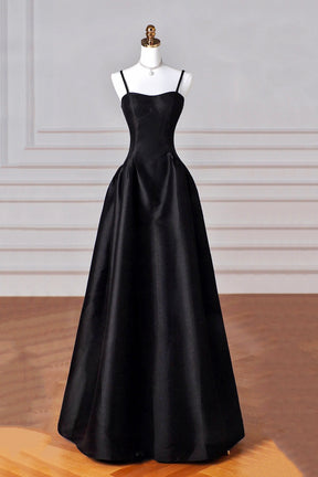 Black Spaghetti Strap Satin Long Prom Dress, A-Line Backless Evening P
