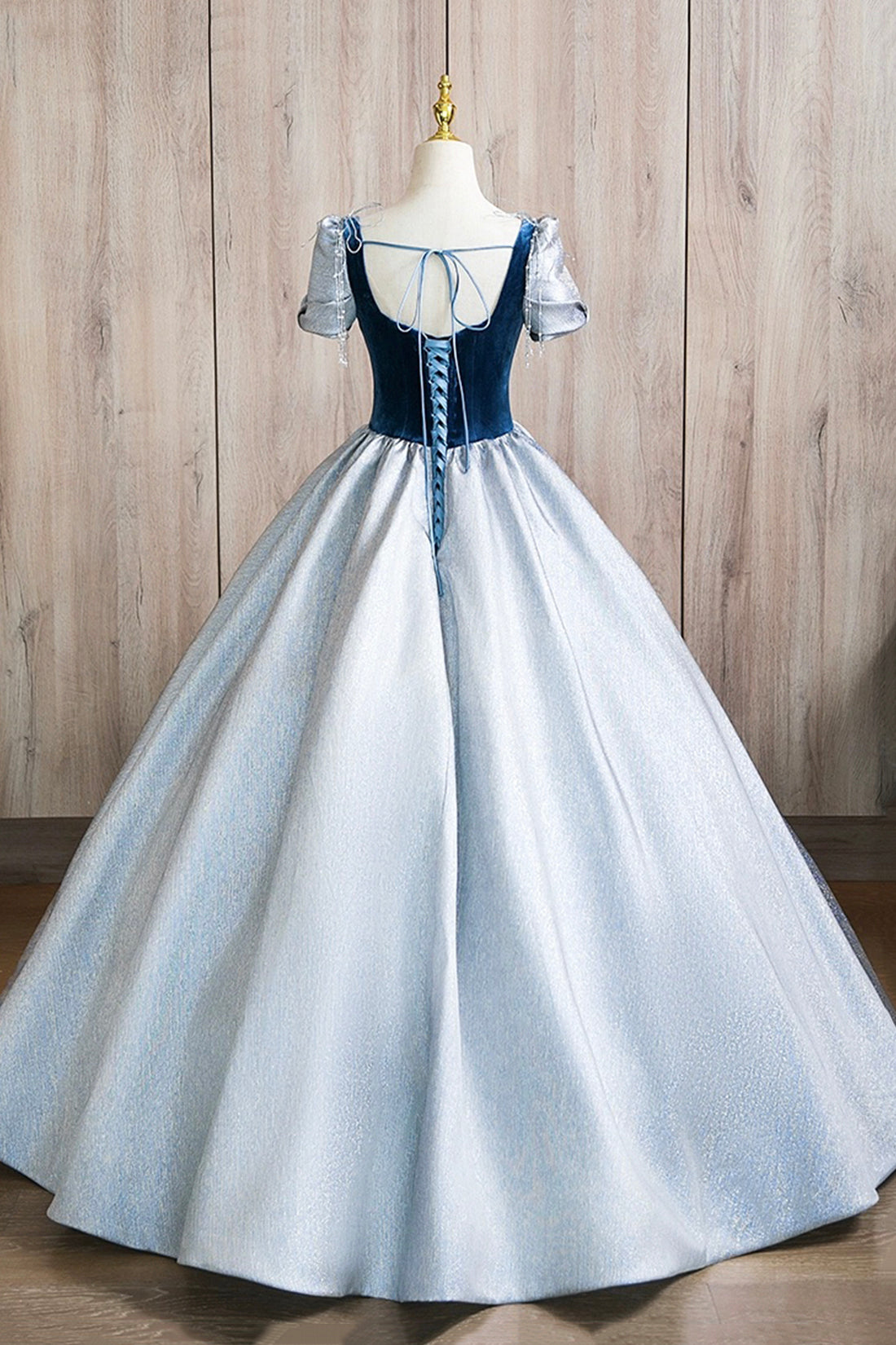A-Line Square Neckline Floor Length Prom Dress, Blue Short Sleeve Even A-Line Square Neckline Floor Length Prom Dress, Blue Short Sleeve Even