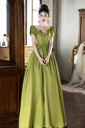 Green Satin Long Prom Dress, Lovely A-Line Short Sleeve Formal Evening Dress