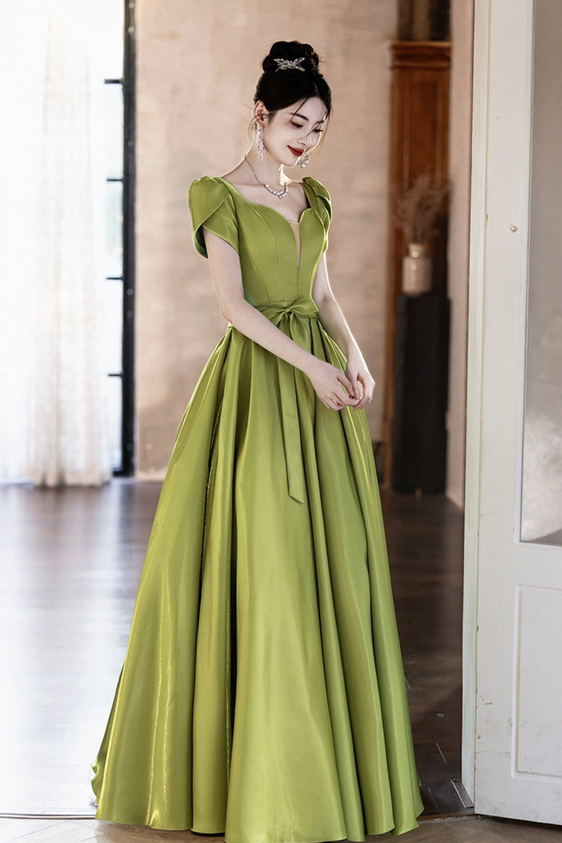 Green Satin Long Prom Dress, Lovely A-Line Short Sleeve Formal Evening Dress