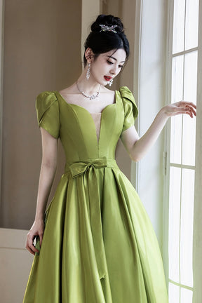 Green Satin Long Prom Dress, Lovely A-Line Short Sleeve Formal Evening Dress