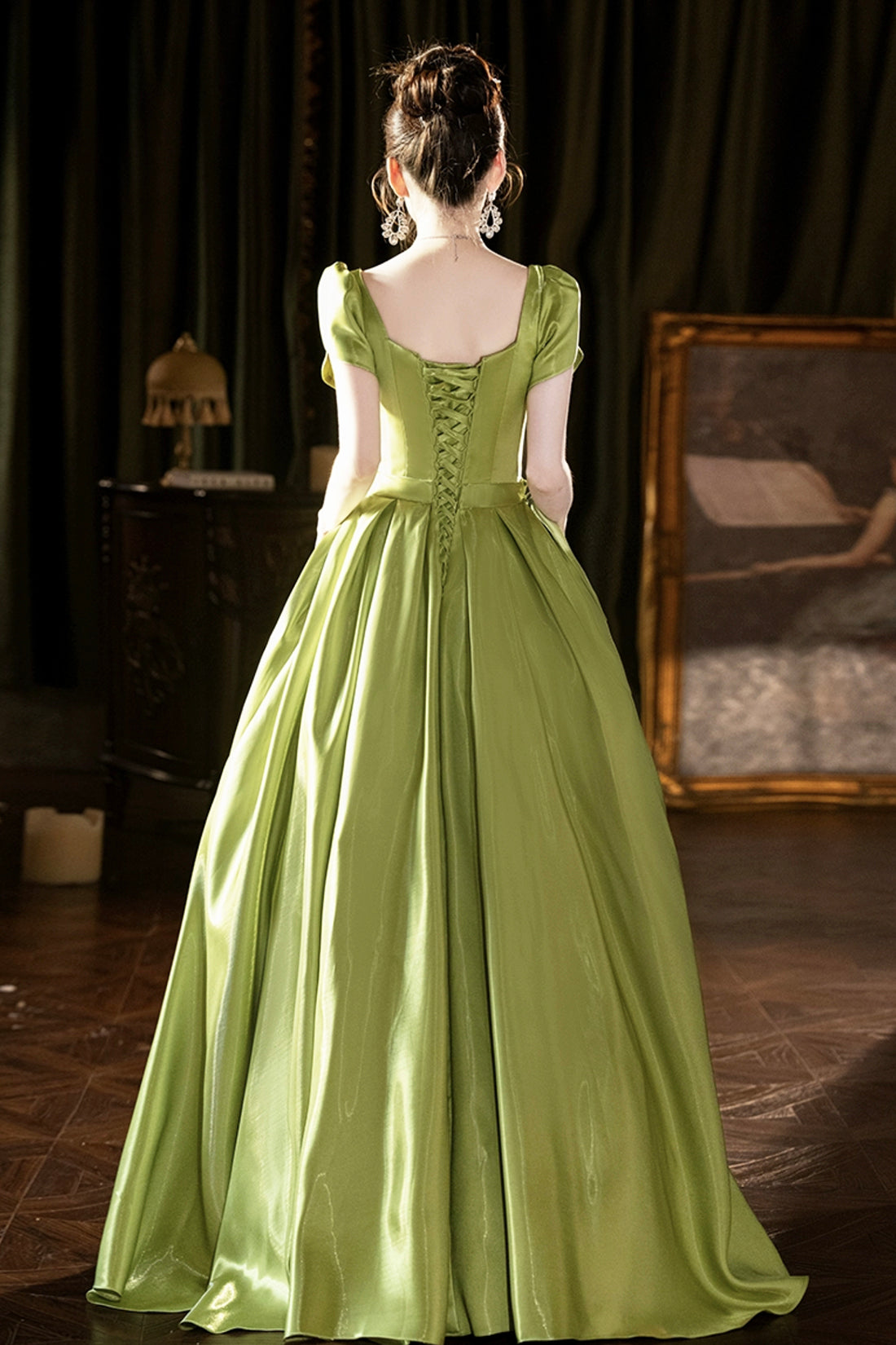 Green Satin Long Prom Dress, Lovely A-Line Short Sleeve Formal Evening Dress